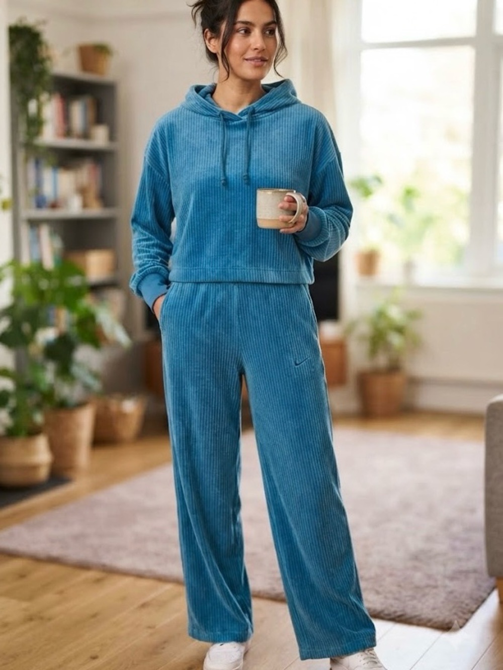Nike Teal Ribbed Velour Ribbed Loungewear Casual Set- Top S Bottoms L Rare Y2K